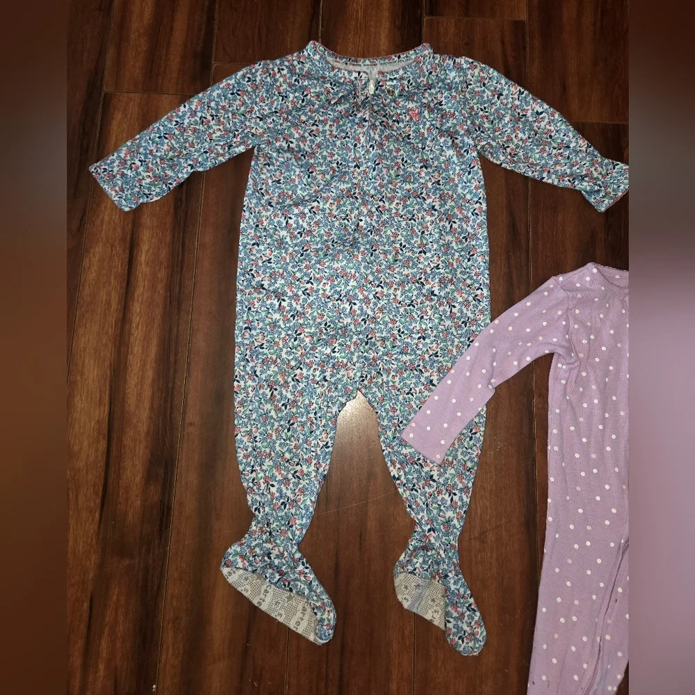 (3) Carter's Red Dog, Blue Floral & Purple Butterfly Footed One-Piece Sleepers